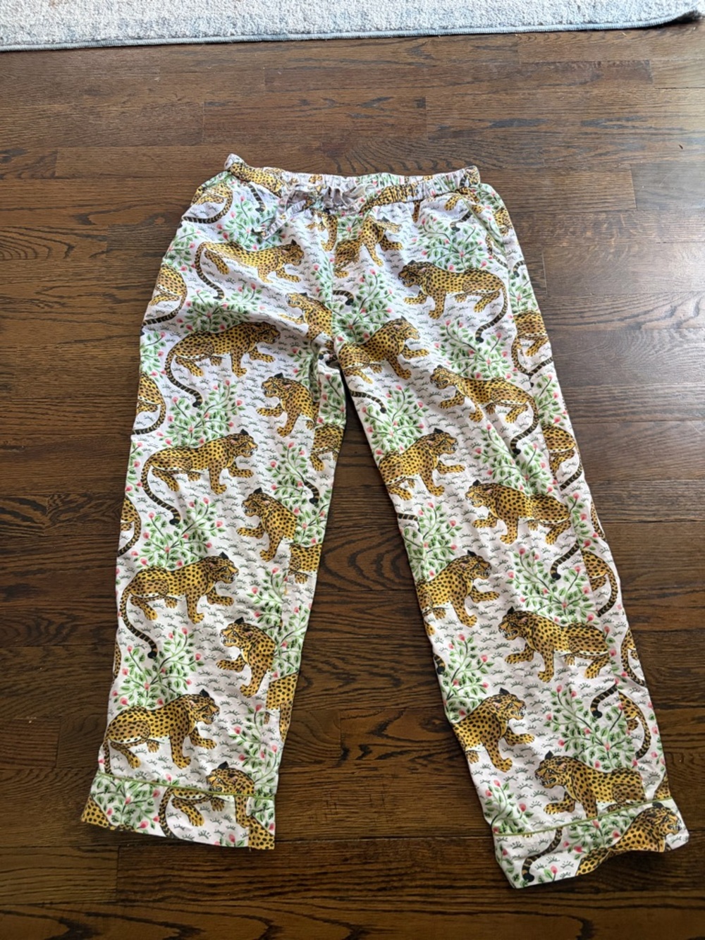 Printfresh White Pajama Pants with Yellow Leopard Print and Green Accents